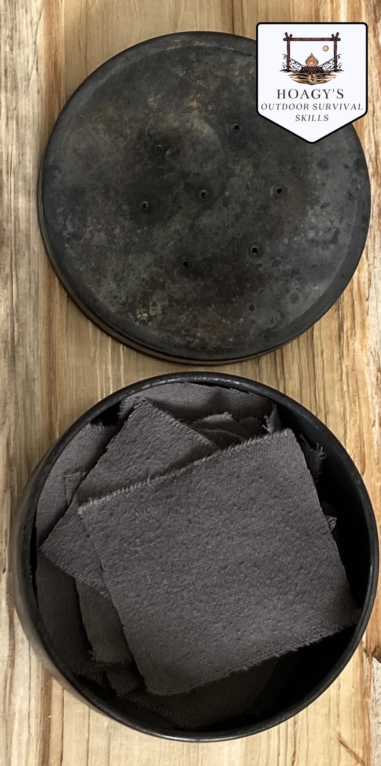 Visual of cloth in tin before making it into char cloth